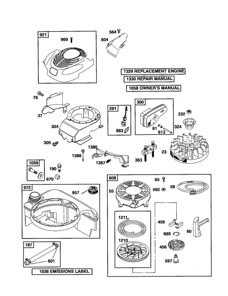 Rewind Starter/Fuel Tank Diagram and Parts List for 126T02-0736-E1  Briggs and Stratton Engine